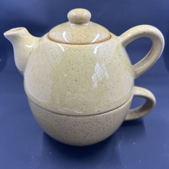 Pier 1 Teapot Teacup 3 Piece Stoneware Set for One Tea Pot & Tea Cup Set gold - Picture 3 of 11